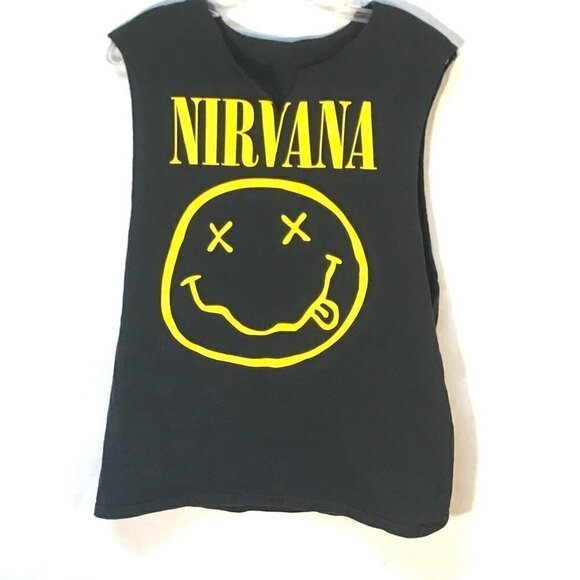 Vintage Rock Nirvana Smiley Face Punk Grunge Cropped Black Tank Top Tee T Shirt - Picture 1 of 5